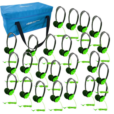 HamiltonBuhl Lab Pack with 24 green personal headphones in a carry case, ideal bulk school headphones for education.